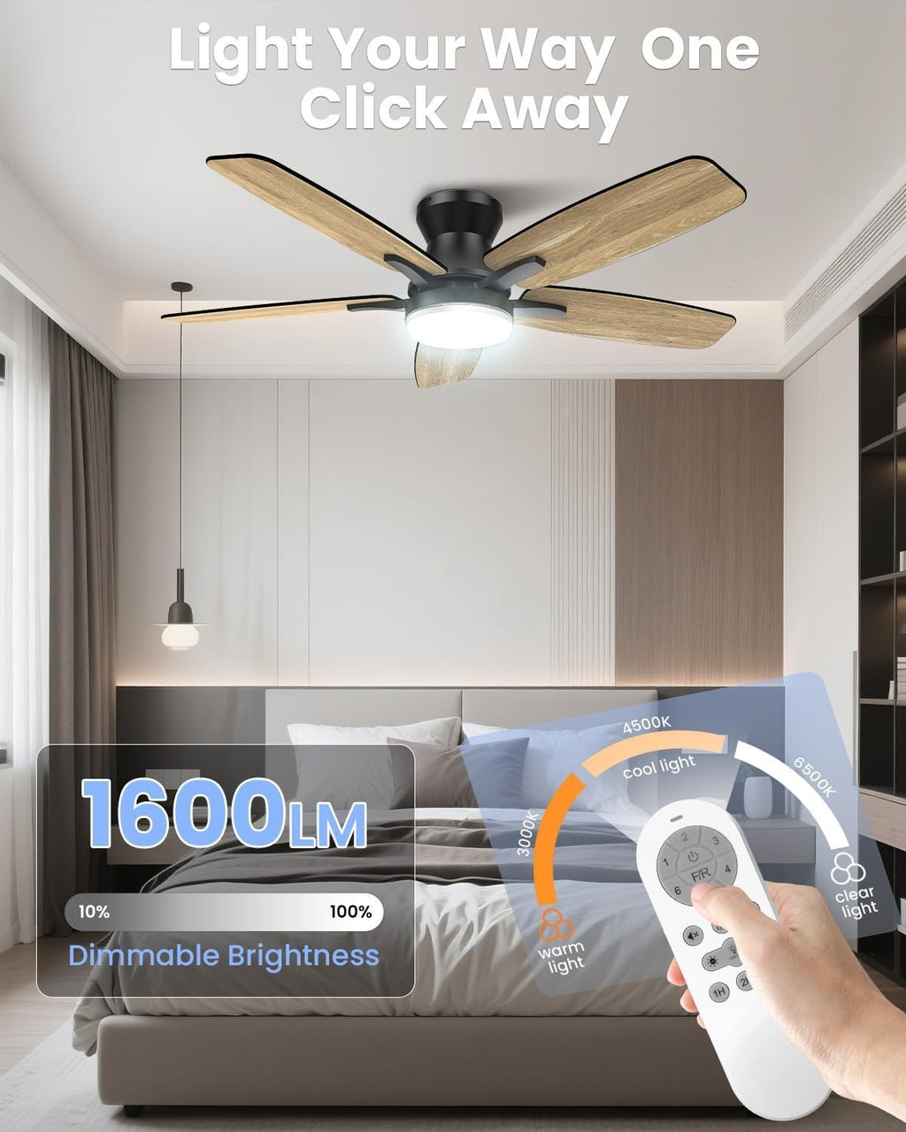 106CM Ceiling Fan Light, 6 Speeds, Reversible DC Motor, LED, Remote, Black/Wood