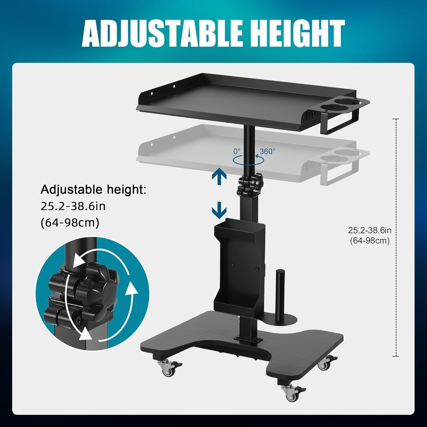 Adjustable Tattoo Tray Cart on Wheels Rolling Workstation Storage Table