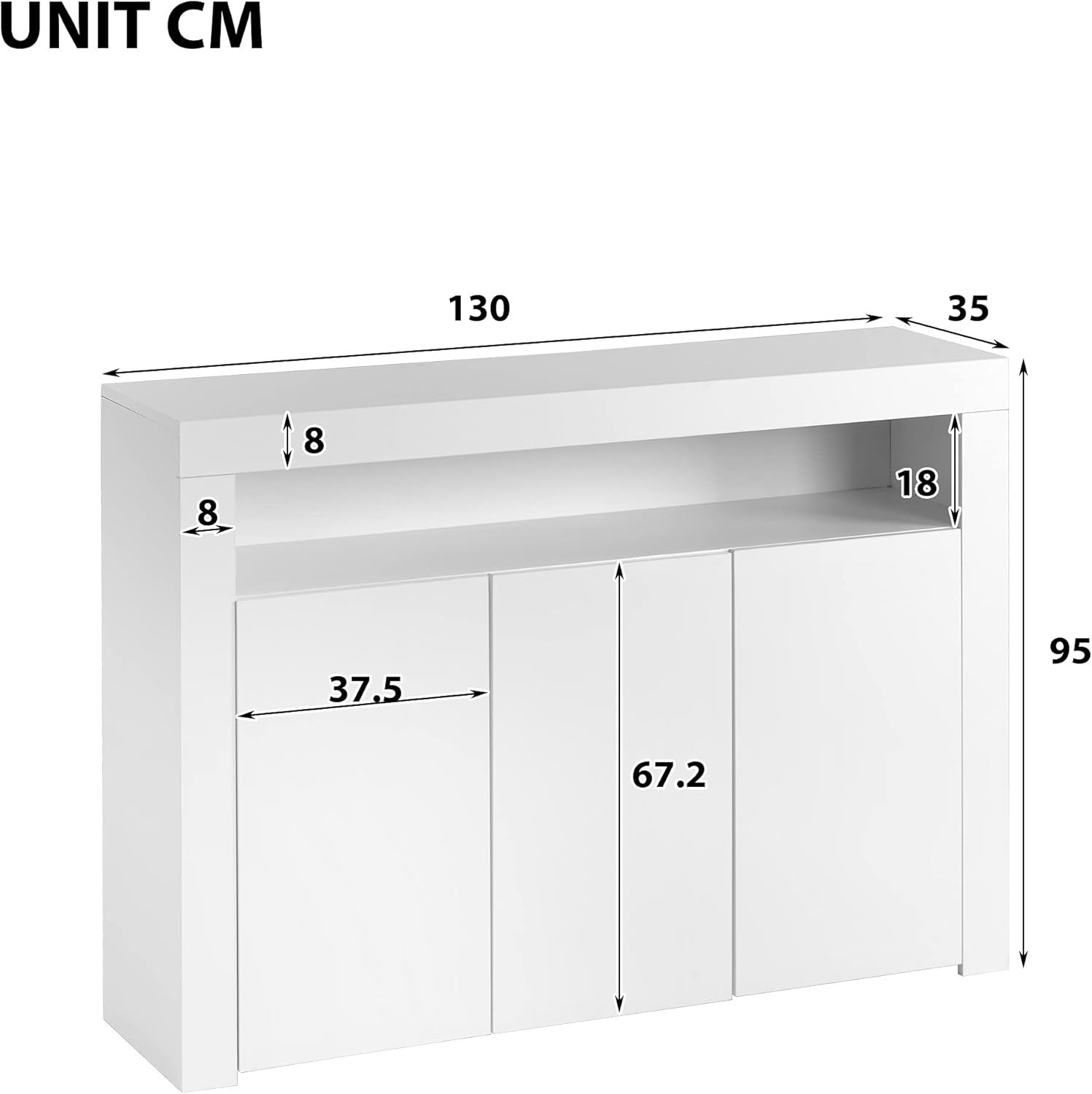 High Gloss White Sideboard 3 Doors LED Cabinet Storage Modern Living Room