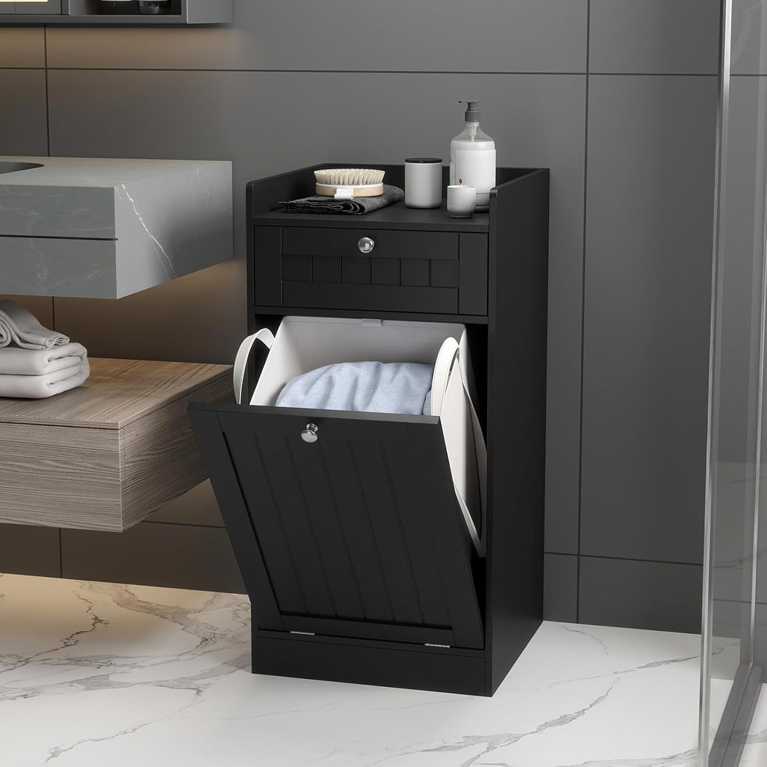 Black Tilt-Out Laundry Cabinet with Drawer & Removable Liner Modern Bathroom Sto