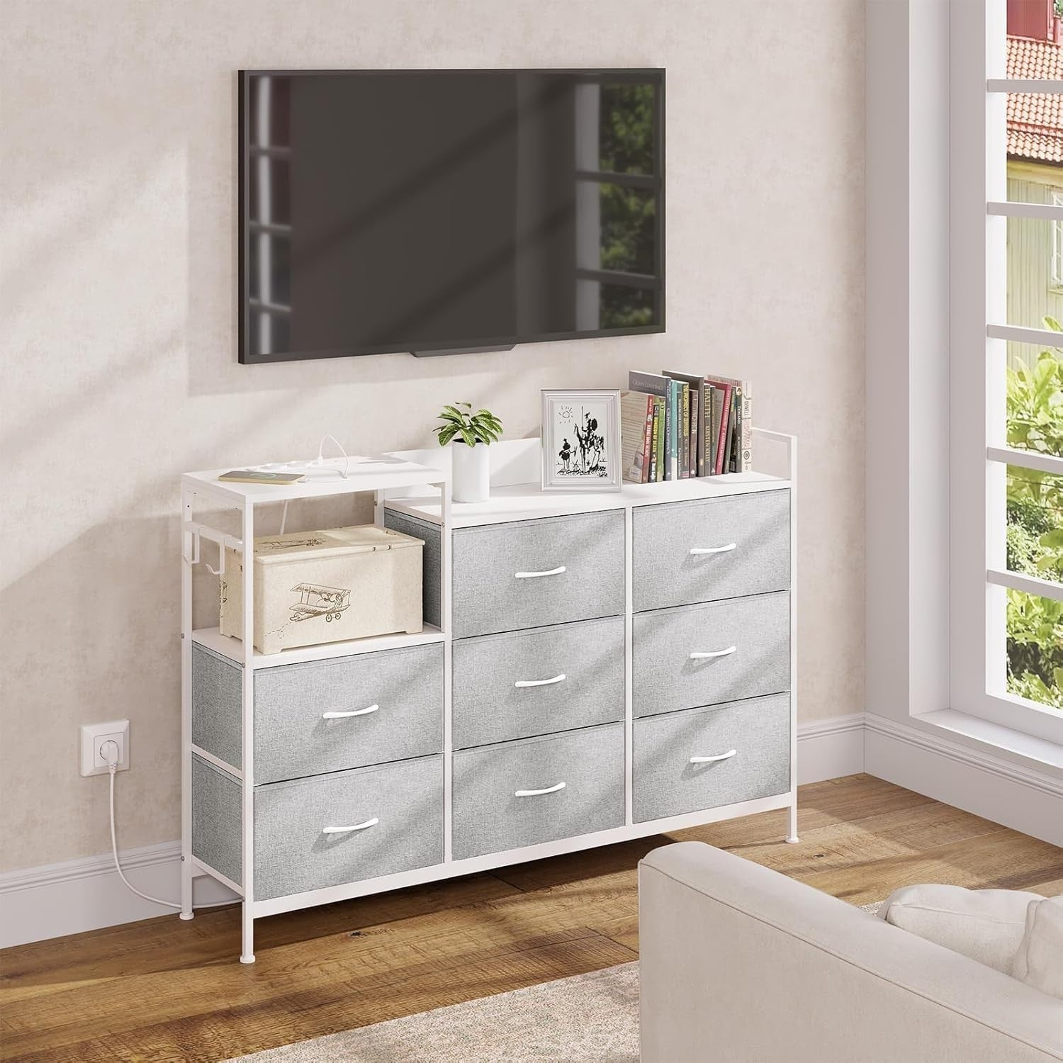 Fabric Storage 8 Chest Drawer  with USB Charging Ports Light Grey White Unit