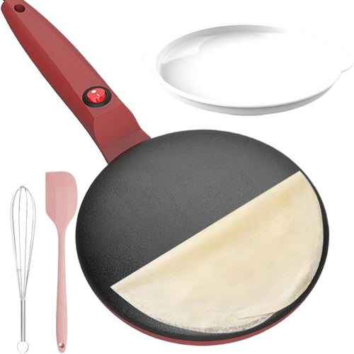 8" Electric Crepe Maker Non-Stick Pancake Pan Long Handle Auto Temp Control Red