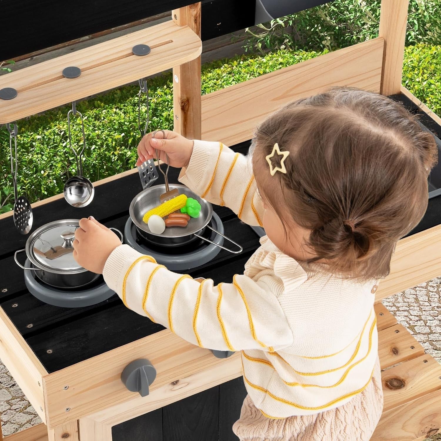 Outdoor Wooden Mud Kitchen Kids Playset w/ Sinks Stoves Accessories