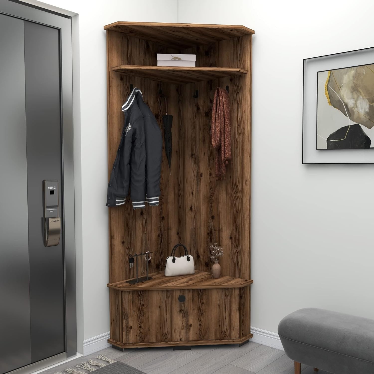 Corner Hall Tree with Coat Hooks, Shoe Bench & Storage Cabinet, Space-Saving