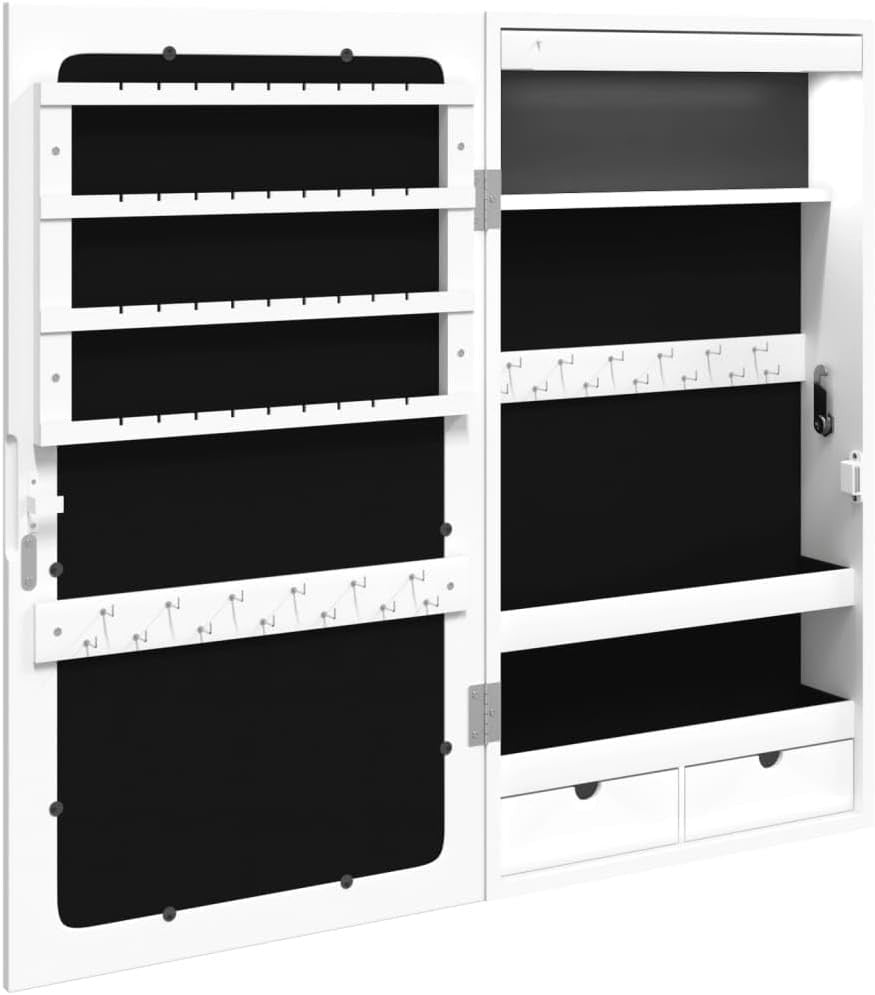 Wall Mounted LED Jewelry Cabinet Lockable Mirror Storage Organizer White