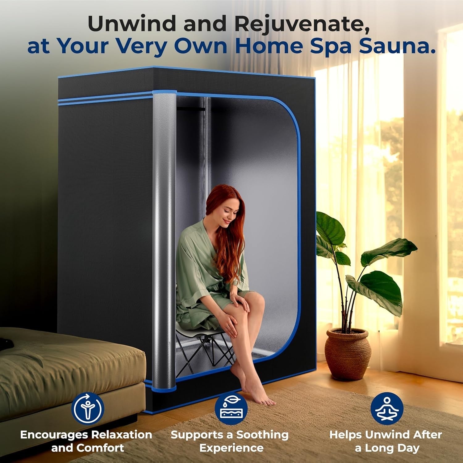 Compact Portable Steam Sauna – Folding Chair & Heated Foot Pad, Black