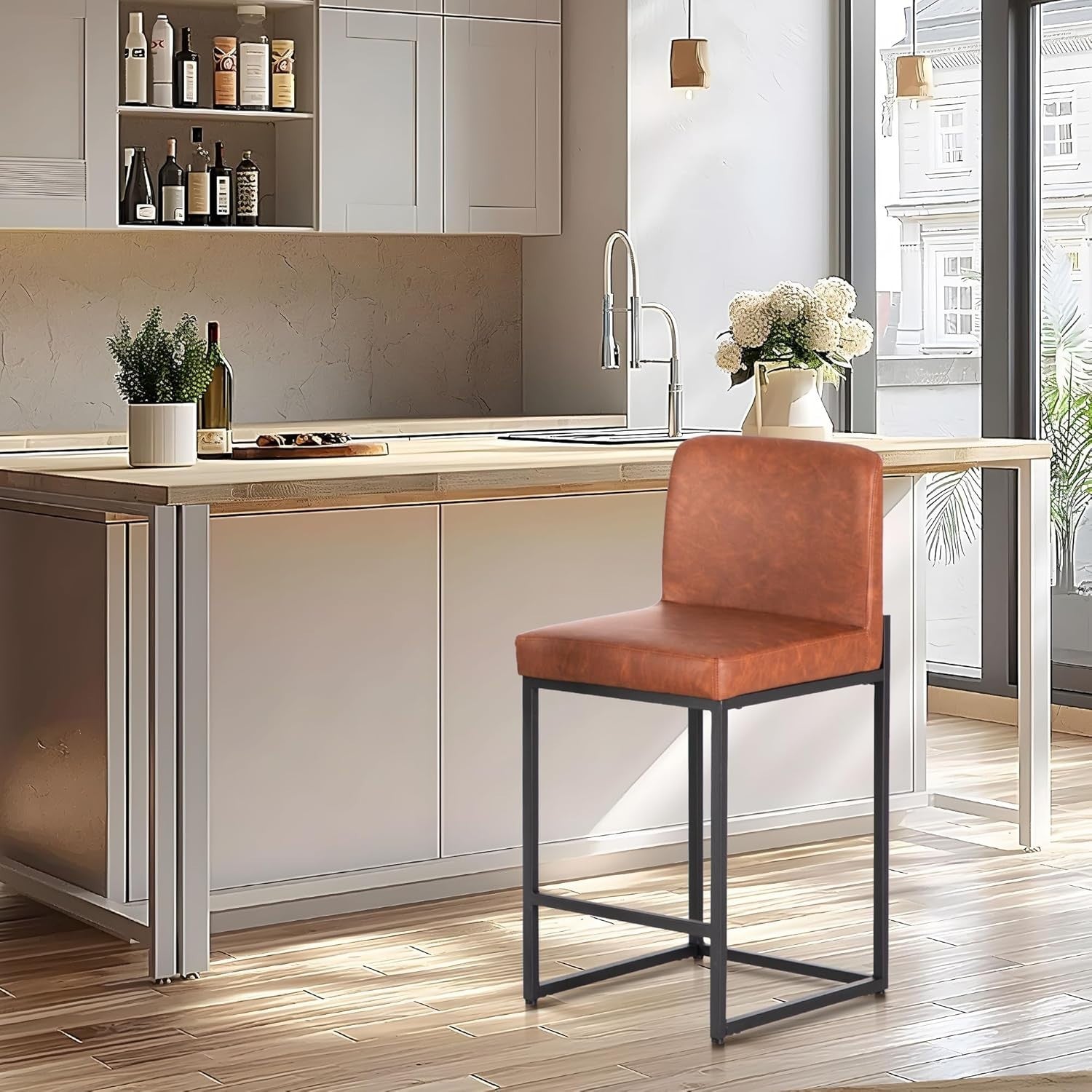 Kitchen Bar Stool Brown Faux Leather Counter Chair 60cm Seat