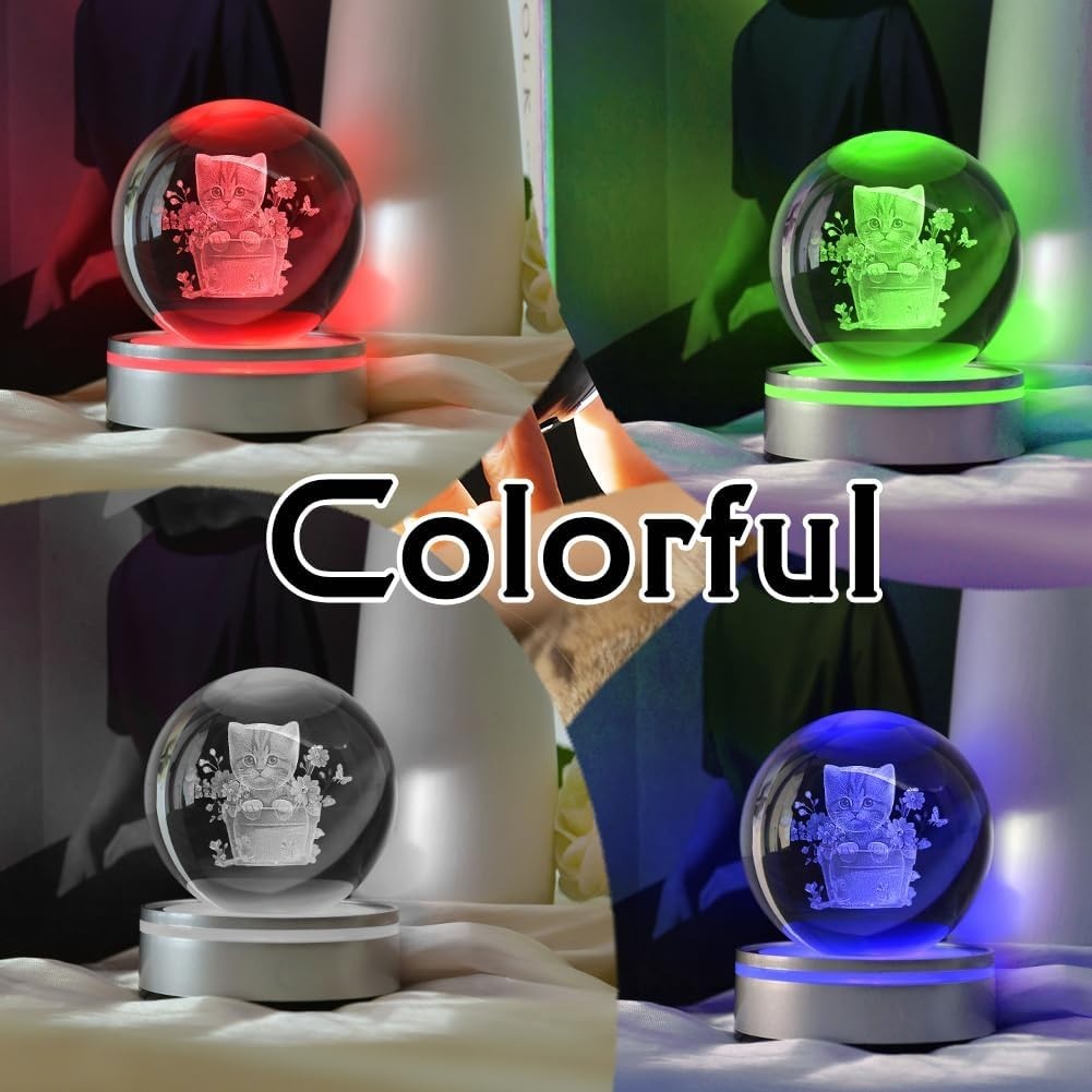 3D Cat with Flower Crystal Ball LED Light • Engraved Kitten Ornament