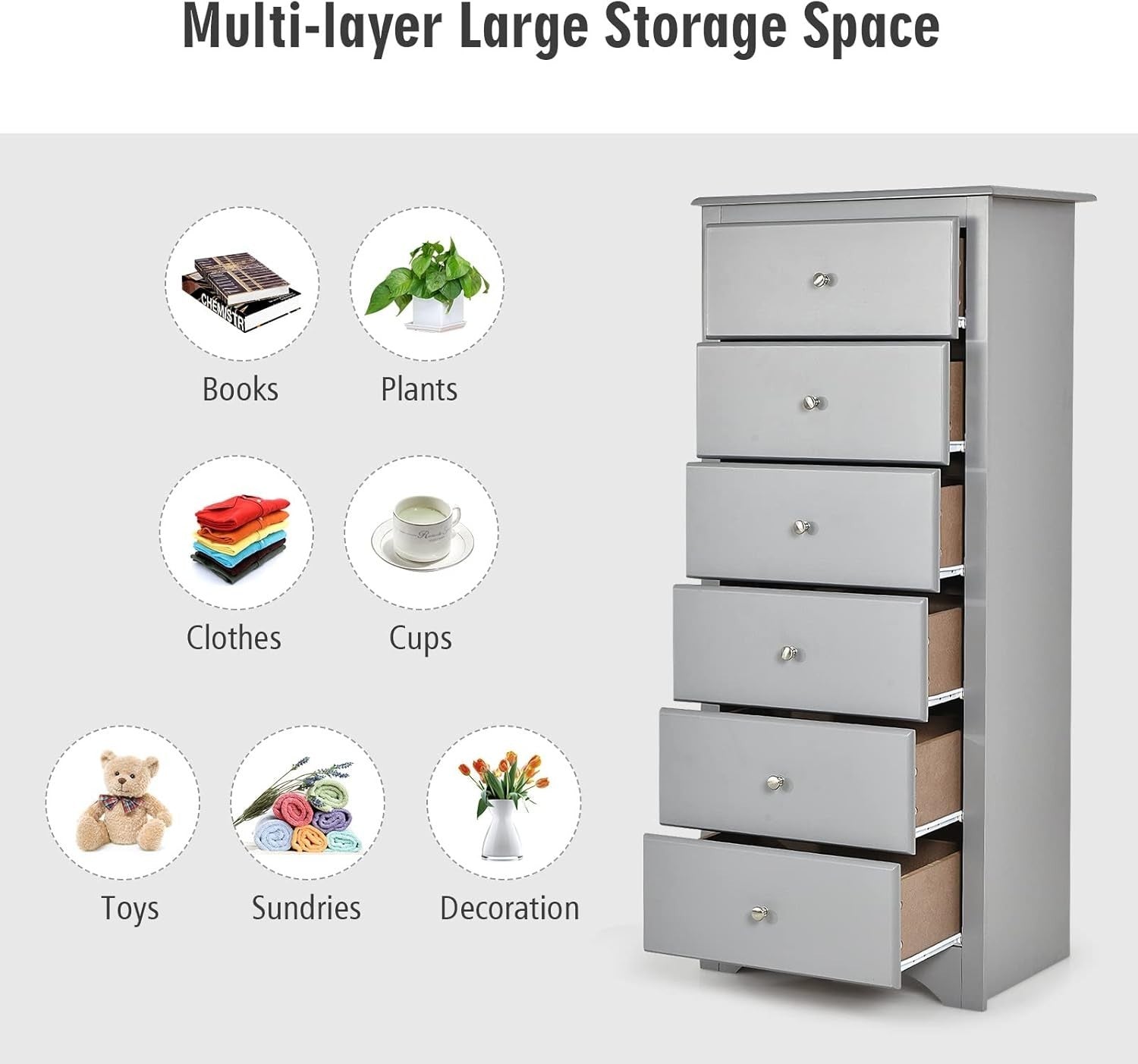 6-Drawer Tall Narrow Dresser Cabinet for Bedroom Storage Organizer Grey