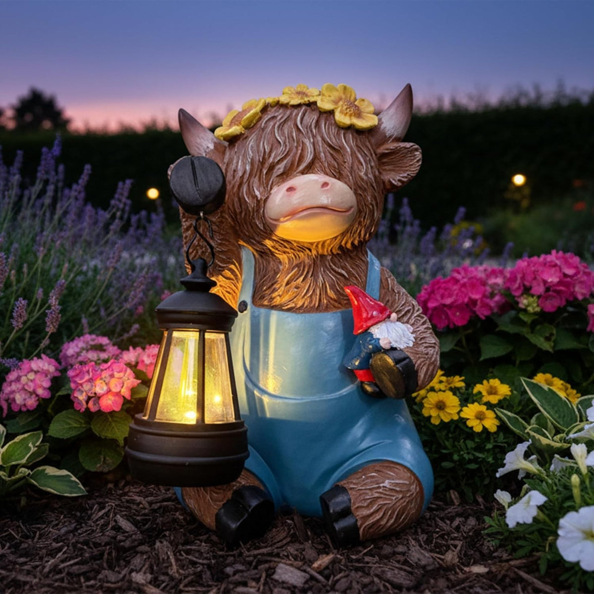 Solar Highland Cow Garden Ornament Statue with Lantern & Gnome Outdoor Yard