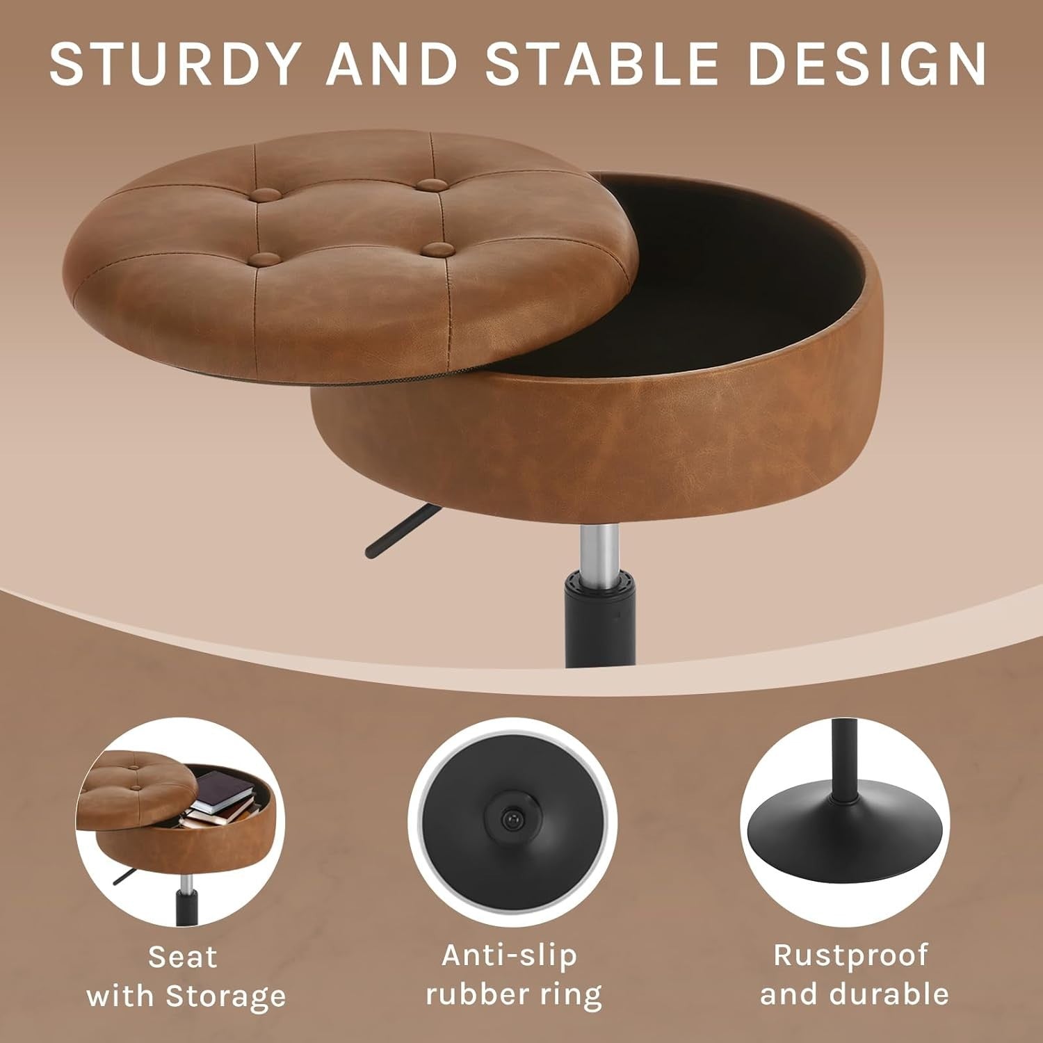 Brown Swivel Vanity Stool with Storage Vintage Faux Leather Adjustable Seat