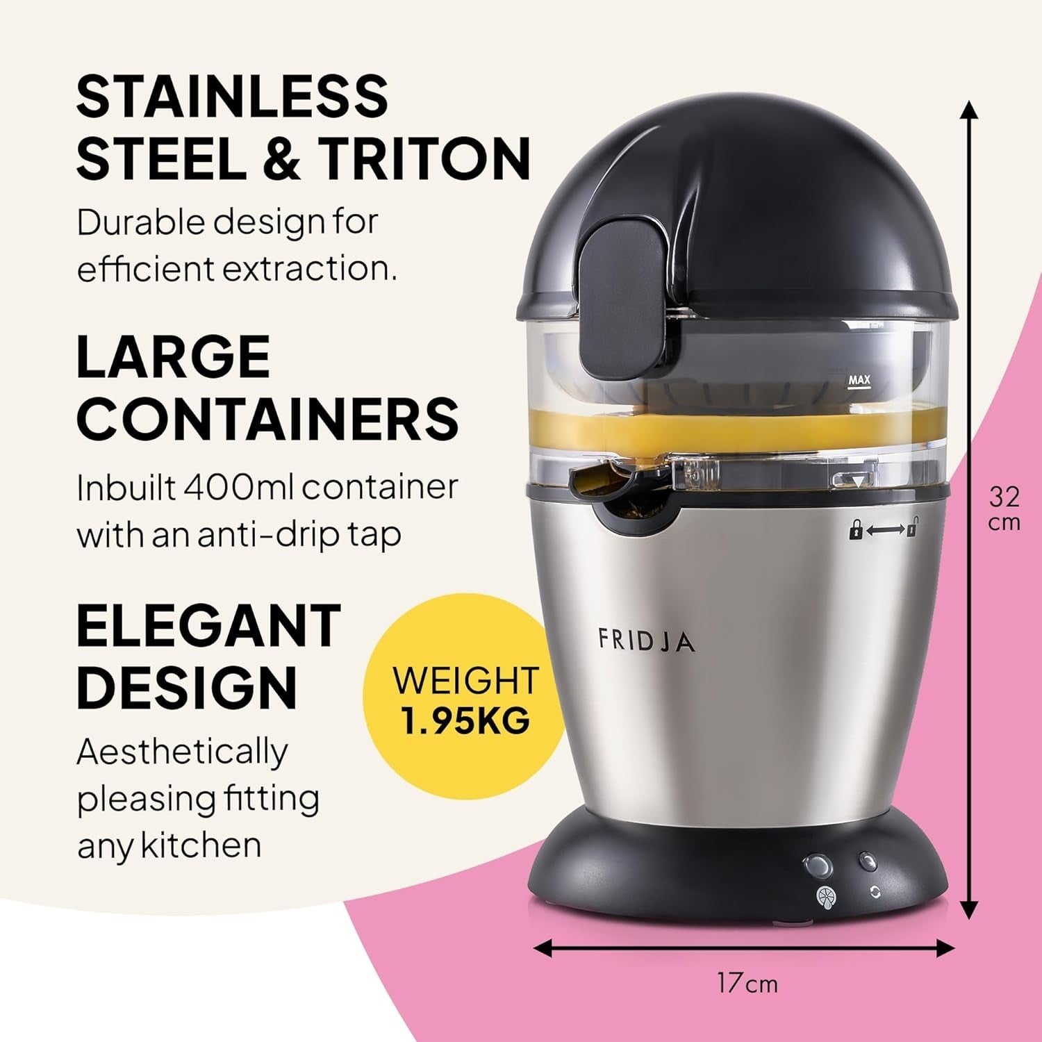 Automatic Citrus Juicer 50W One Touch No Spill 400ml Stainless Steel