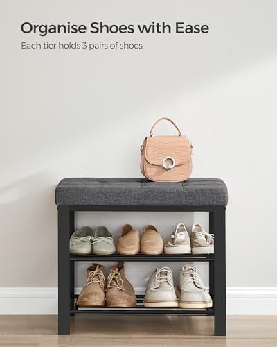 3 Tier Shoe Rack Bench Padded Seat Metal Frame Grey Black Entryway Storage Unit