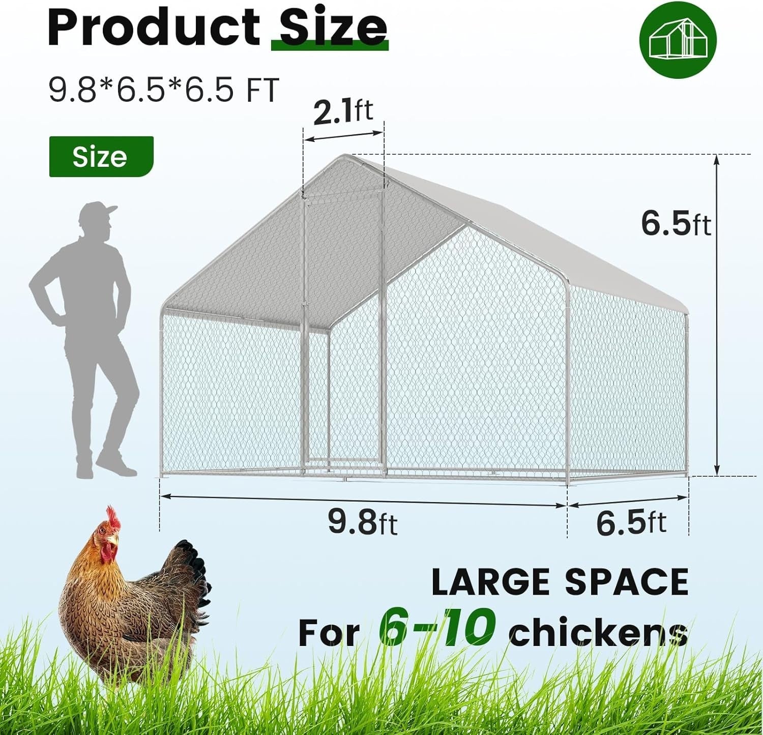 Large 9.8x6.5FT Walk In Metal Chicken Coop Run w Cover