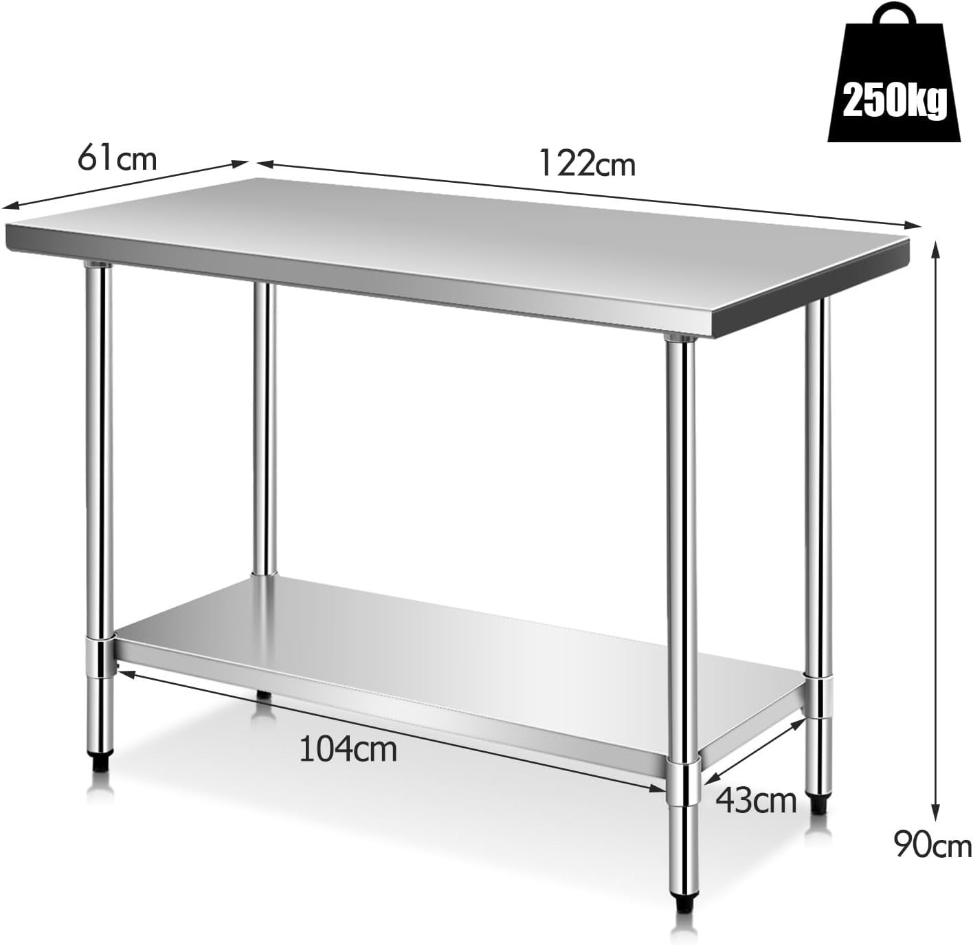 Stainless Steel Catering Table 122x61x90cm Prep Bench Adjustable Shelf