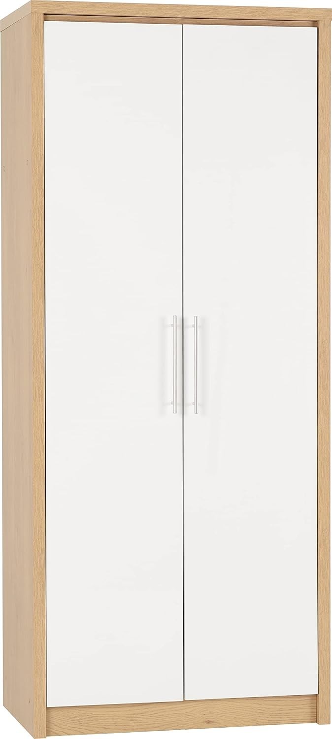 White Gloss 2 Door Sliding Wardrobe with Oak Effect – Space Saving Storage
