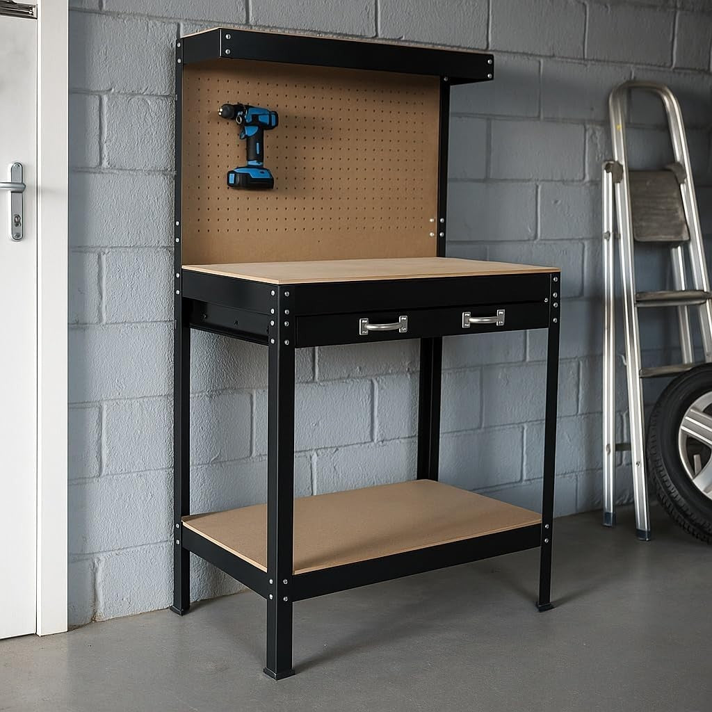 Workbench 1200x600x1600mm with Drawer Pegboard Shelf Garage Tool Station