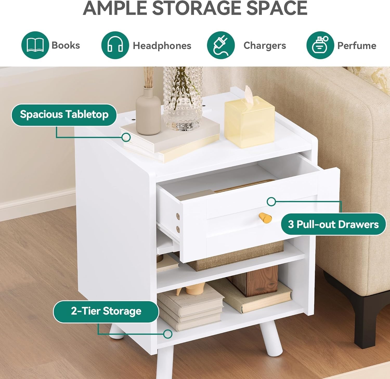 White LED Bedside Table | Nightstand with Drawer & Adjustable Shelf 40×62cm