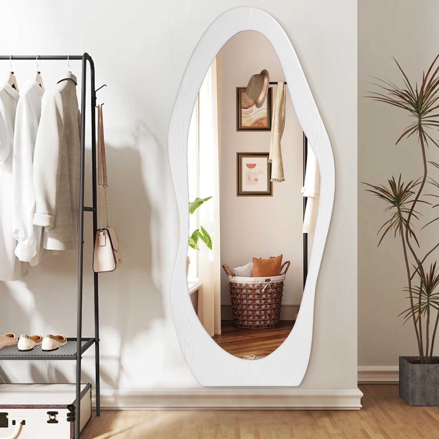 Wavy Full Length Wall Mirror 150x60cm White Wood Frame for Bedroom Hall