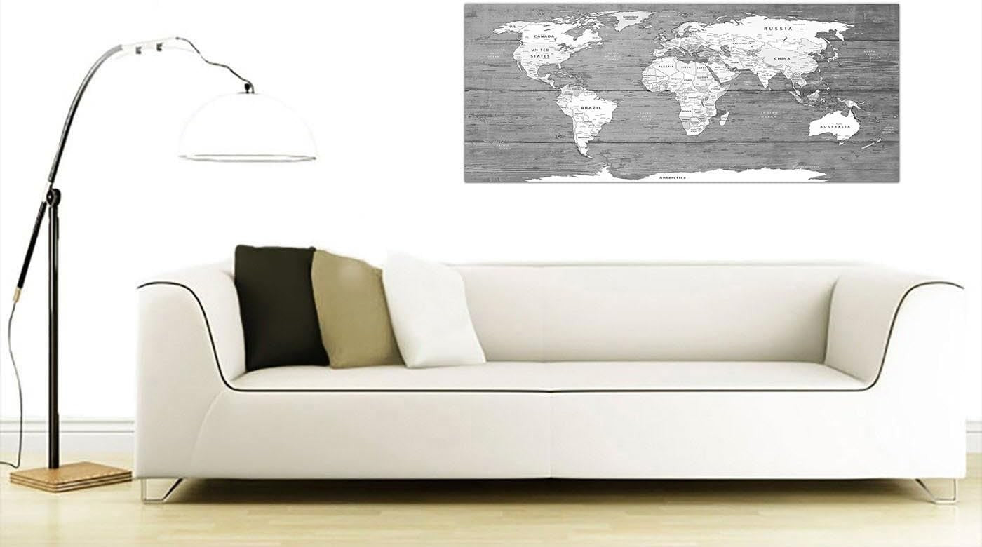 Grey White World Map Canvas Wall Art 118x49cm Modern Home Decor