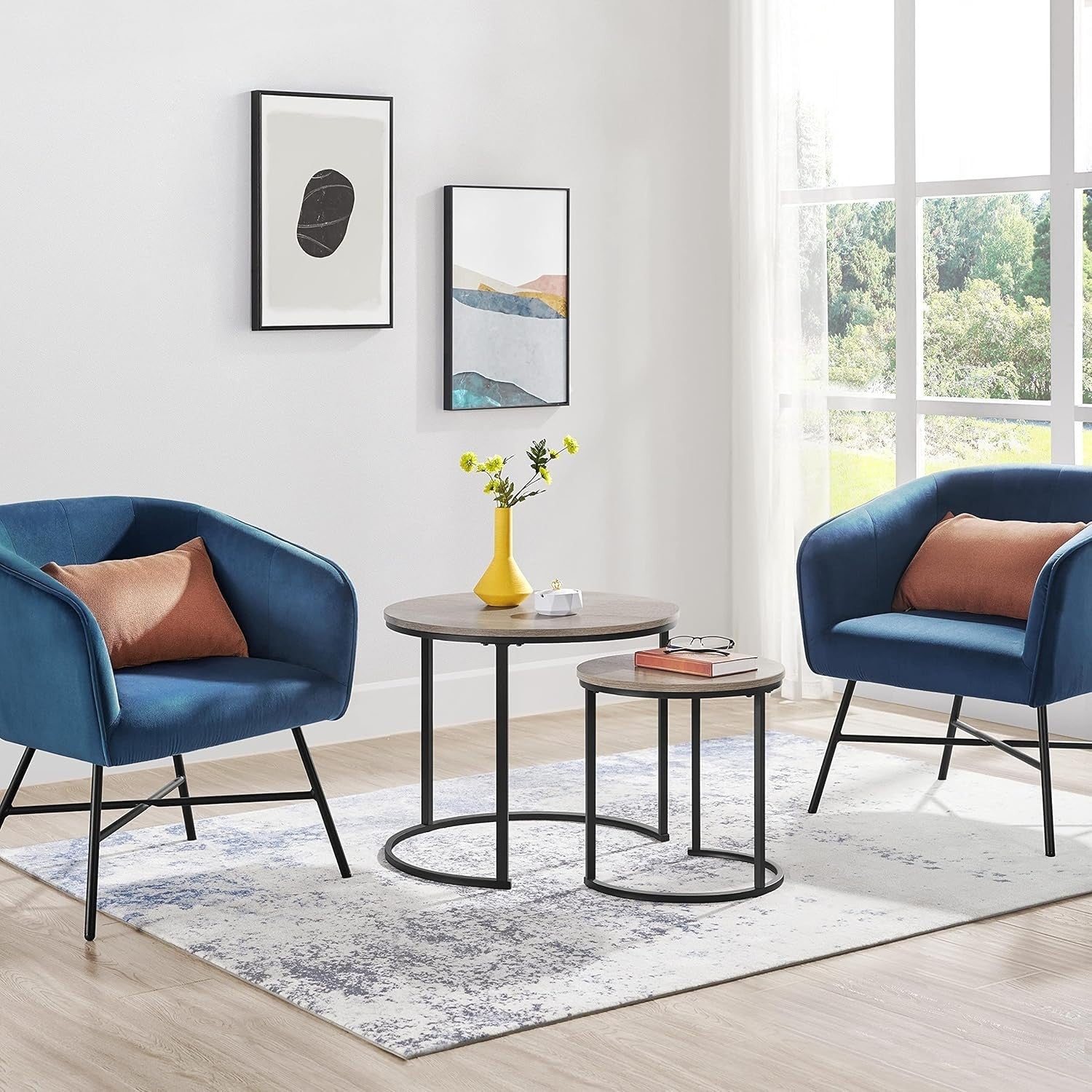 Space Saving Nesting Coffee Table Set Grey Round Side End Tables Engineered Wood