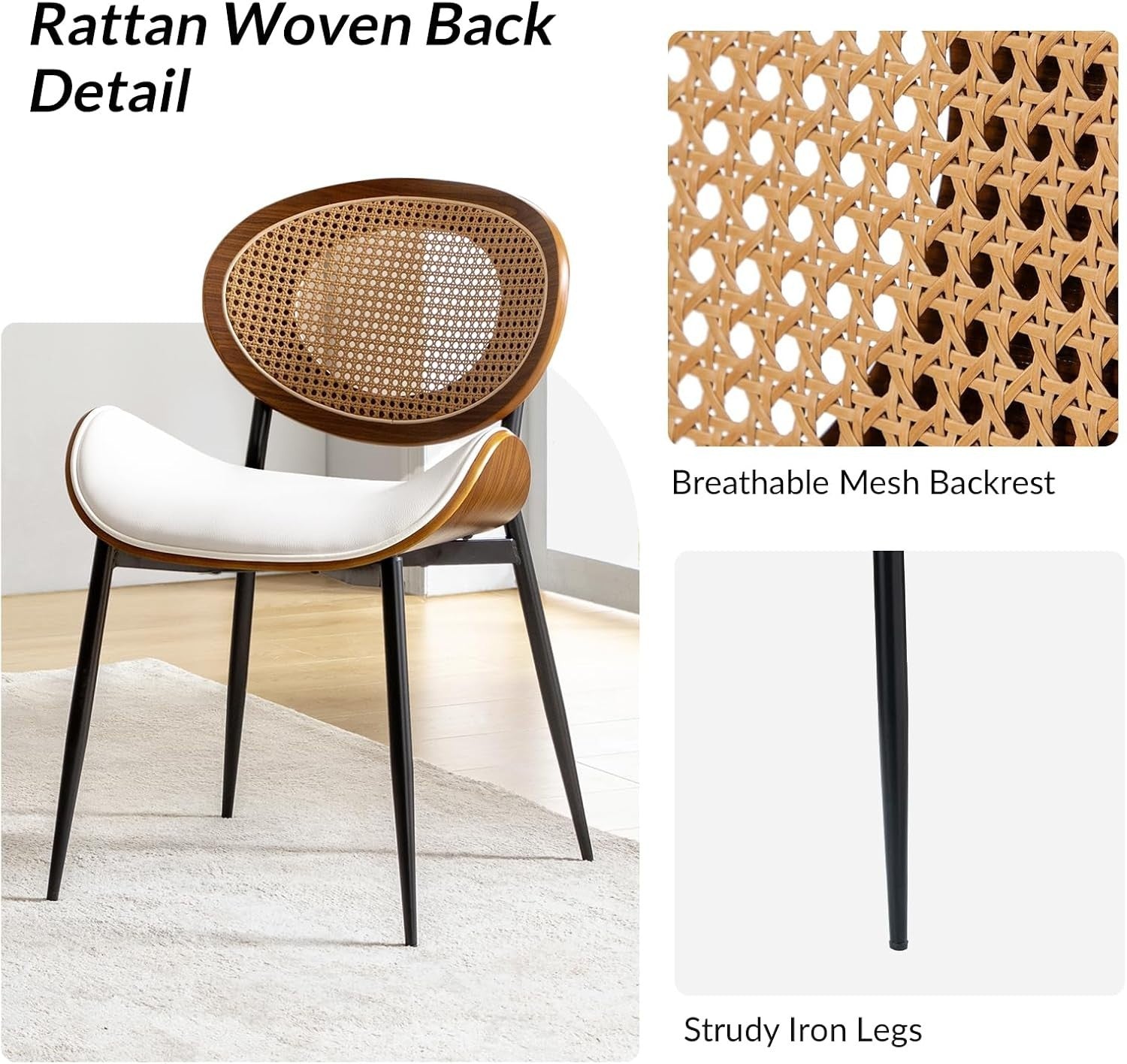Set of 2 Rattan Back Dining Chairs Upholstered Wood Frame Kitchen Seats