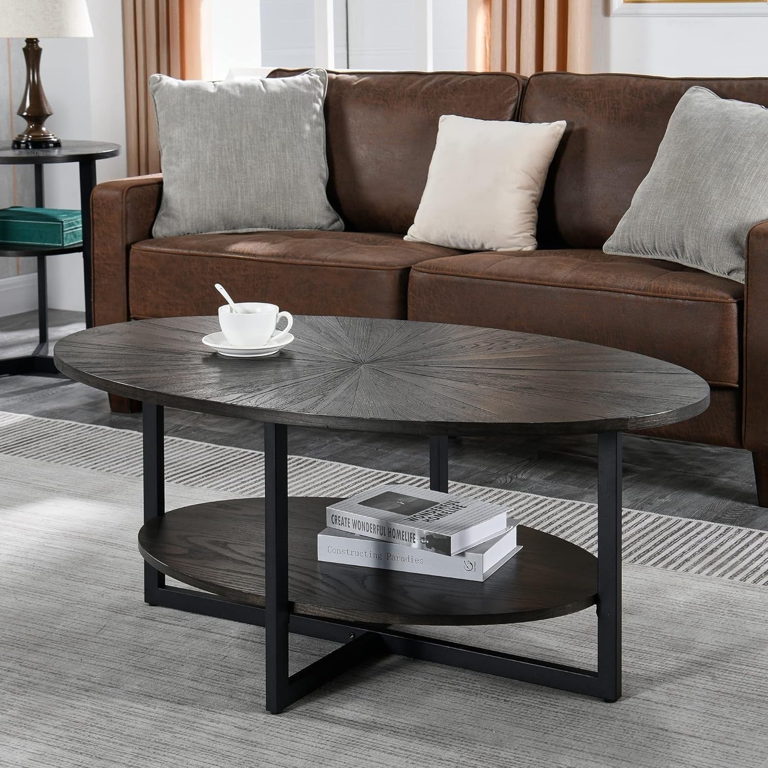 Rustic Brown Oval Coffee Table with Cross Metal Legs & 2-Tier Shelf 110x66cm