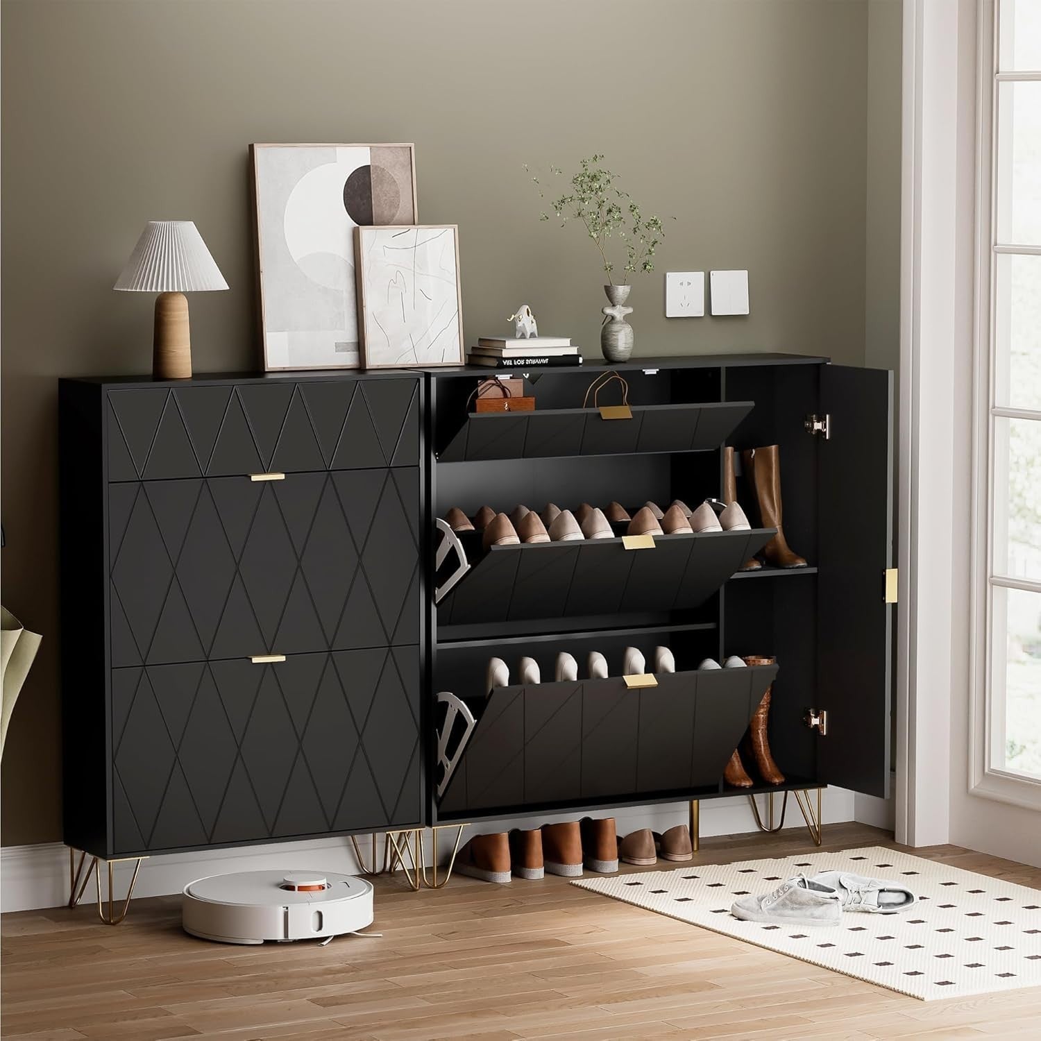 Narrow 16 Pair Shoe Cabinet with Boot Storage & Hidden Shelf – Black