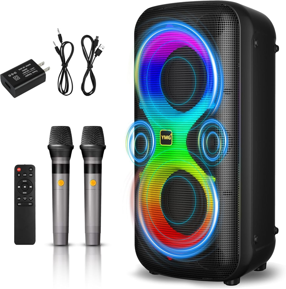 Blue YMG Karaoke Machine 2 Mics 300W Bluetooth Party Speaker