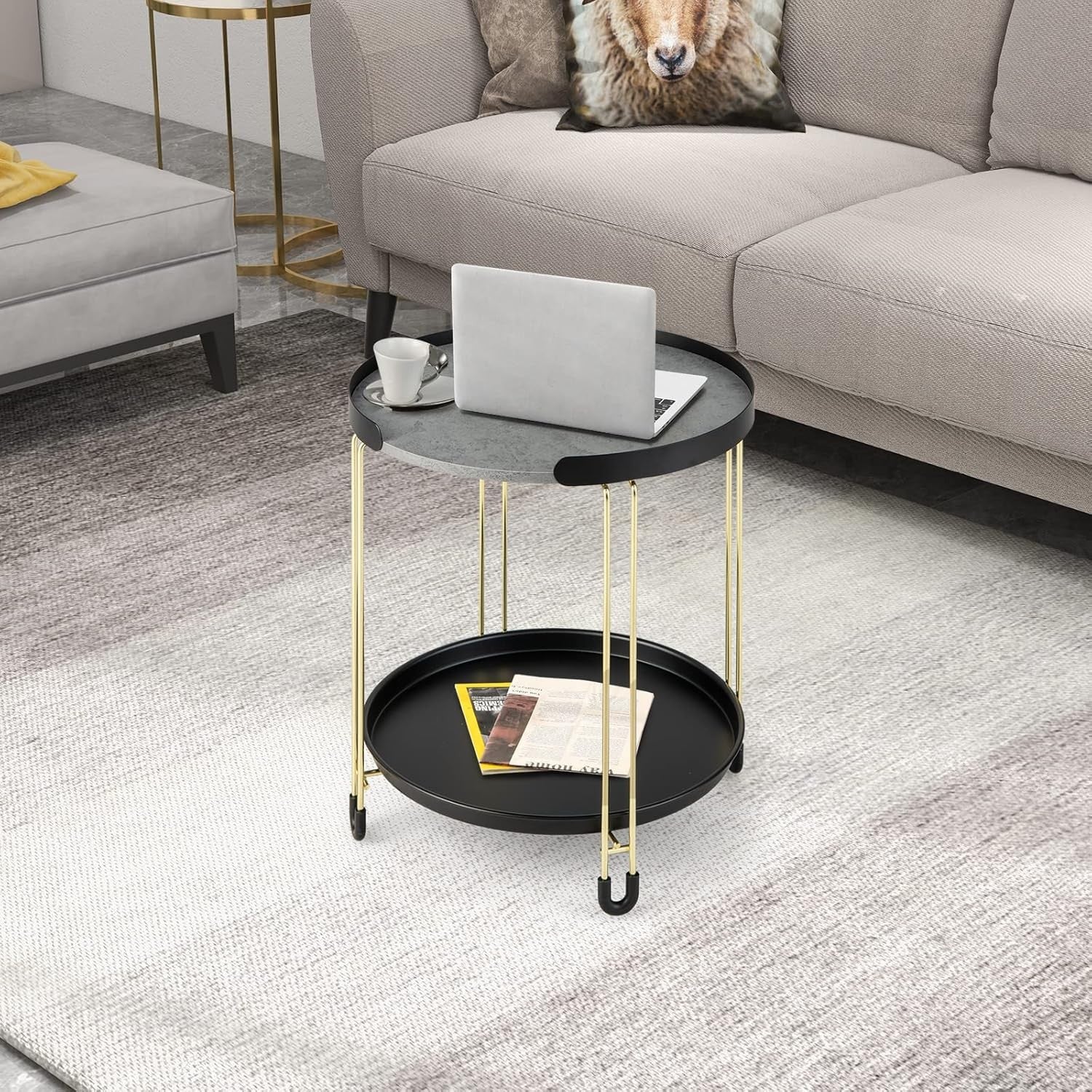 Round Marble Side Table Black Gold | 2-Tier Sofa End Table with Tray & Wheels