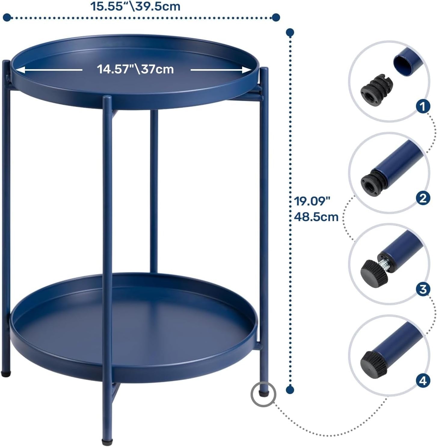 Small Round Metal Side Table 2-Tier Removable Tray Coffee Table Dark Blue