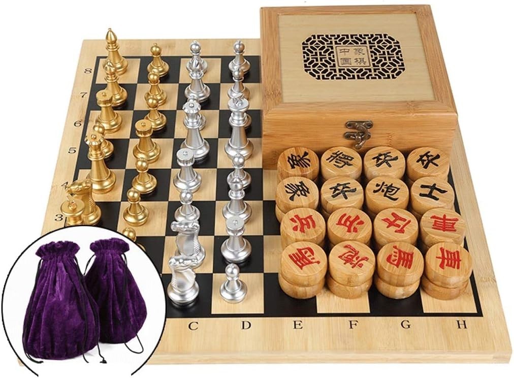 Wooden Xiangqi Travel Chess Set Double Sided Board 44cm Strategy Game