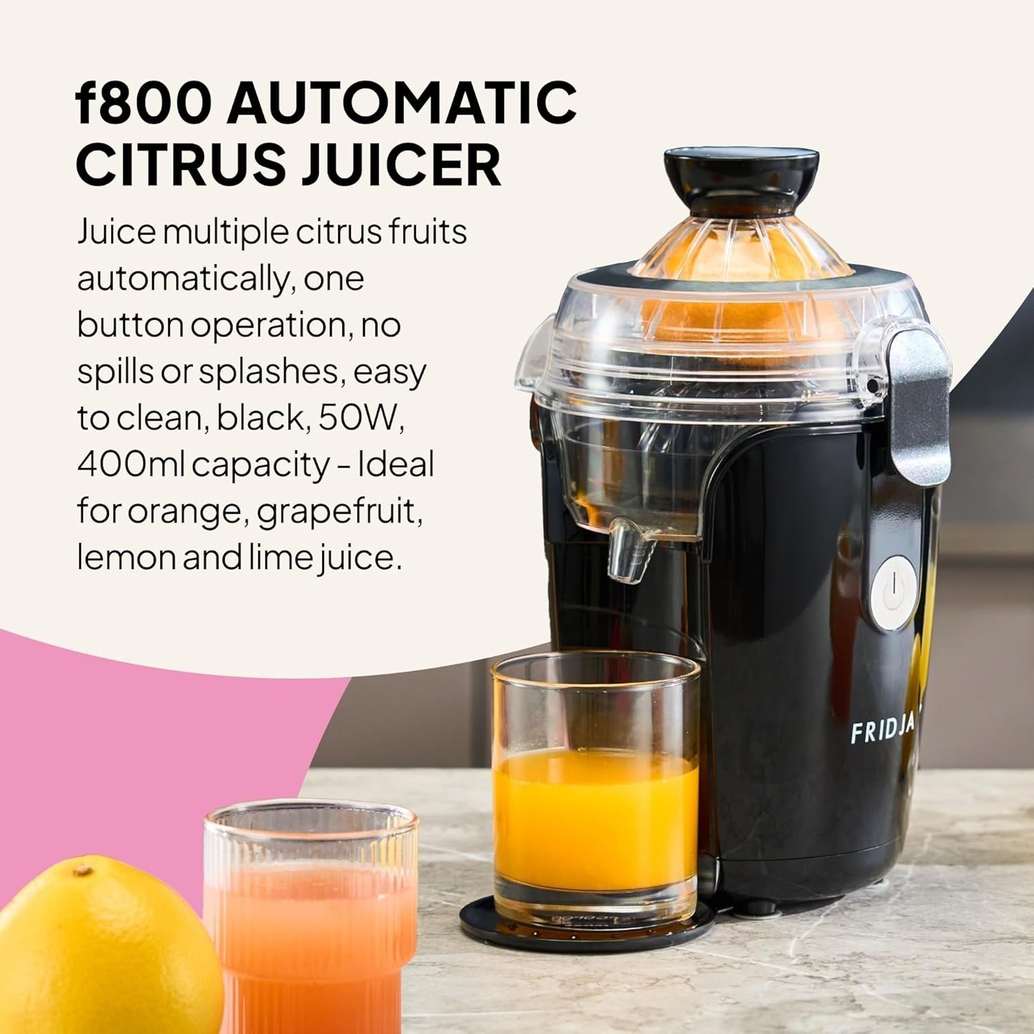Automatic Citrus Juicer One Touch No Spill Quiet 50W Easy Clean Compact