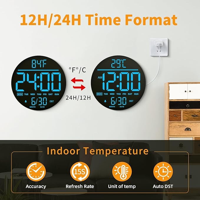 LED Digital Wall Clock 25cm Remote Control RGB Night Light Temp Date Alarm