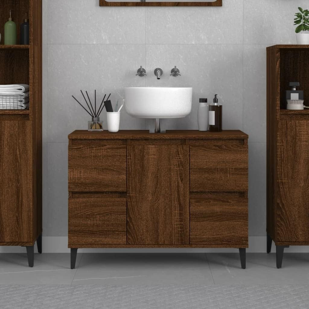 Brown Oak Under Sink Bathroom Cabinet with Drawers & Door – Industrial Vanity