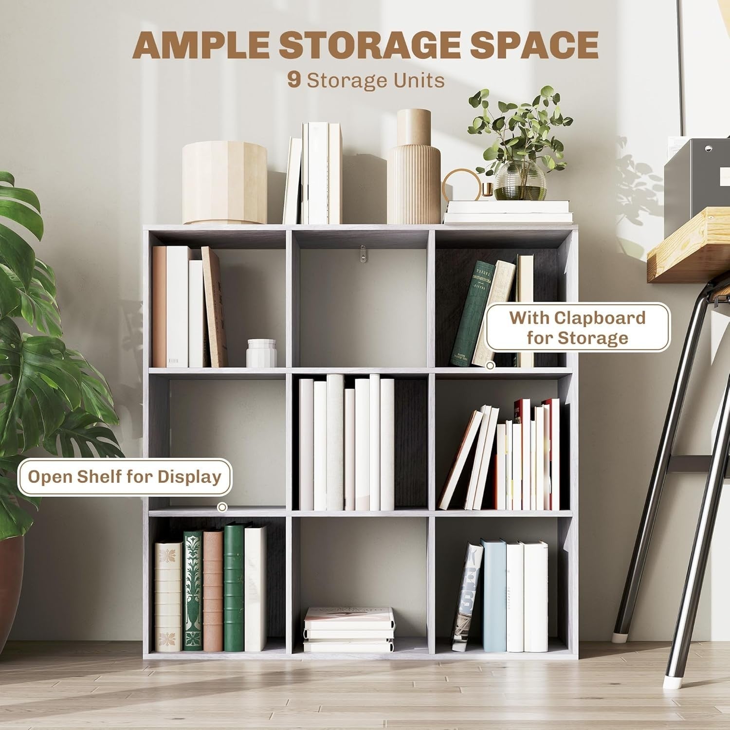 9 Cube Marble Grey Bookcase – Modern Storage Shelf Unit for Home Office
