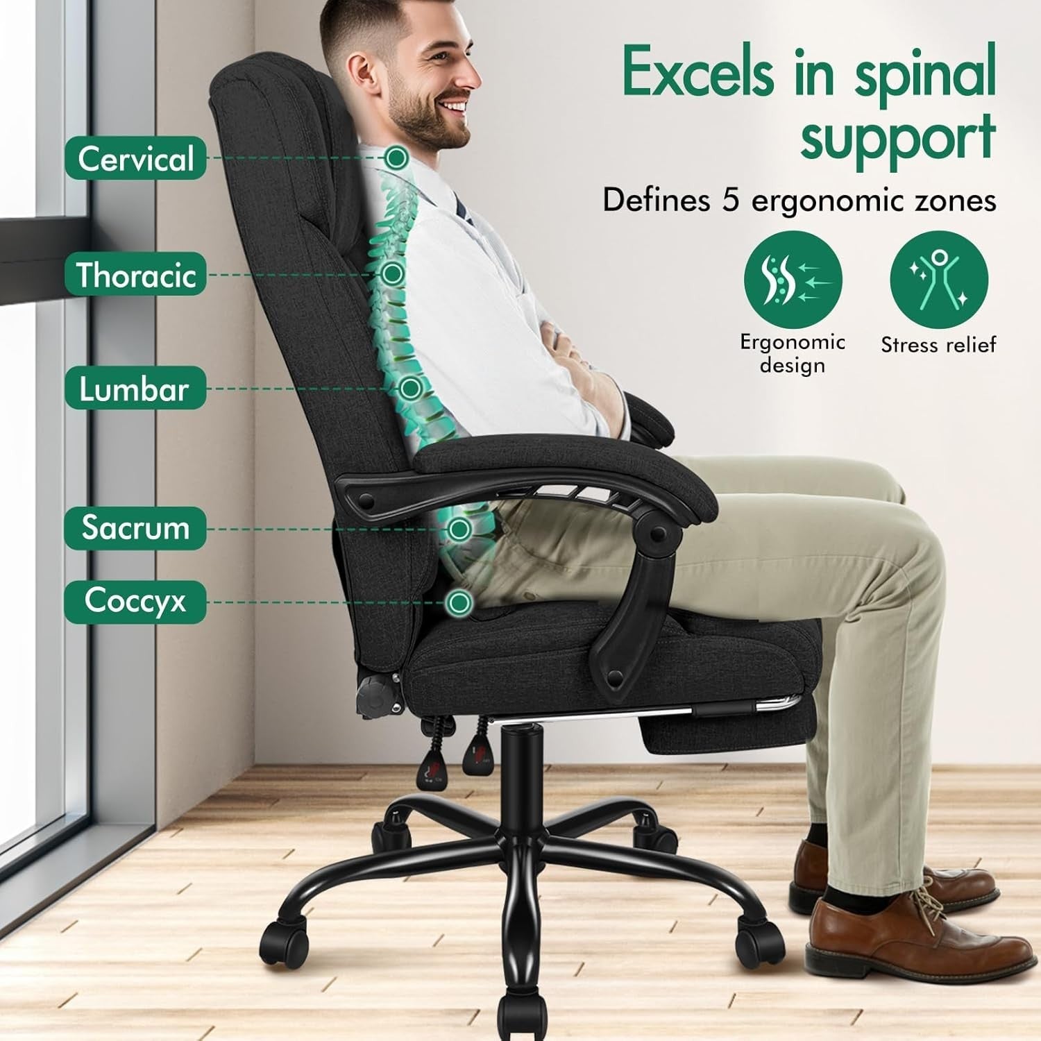 Executive Ergonomic Office Chair Desk Swivel Linen Black Lumbar Support 180KG Ti