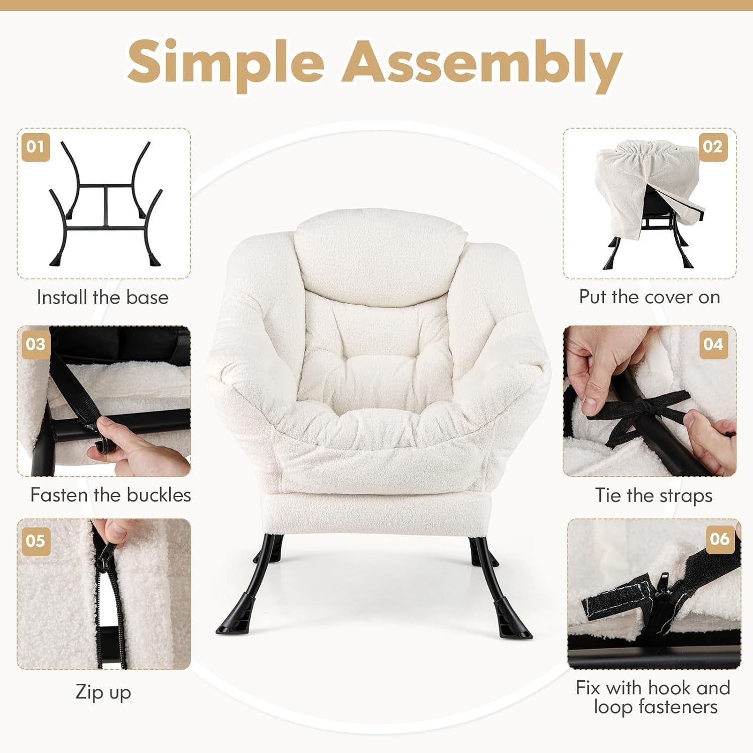 Beige Sherpa Armchair Comfy Lounge Reading Chair Sofa w/ Side Pocket