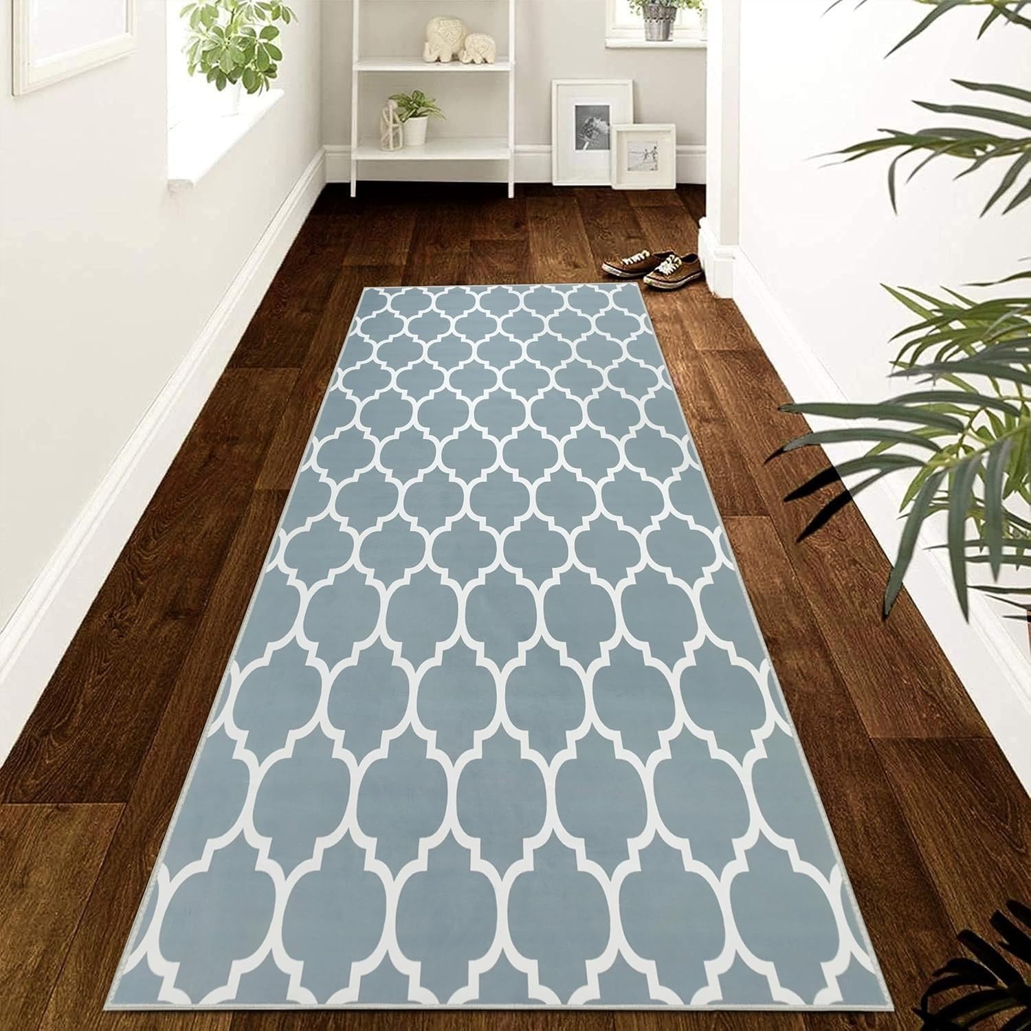 Blue Runner Rug 80x300cm Trellis Non-Slip Soft Hallway Carpet Modern Easy Clean