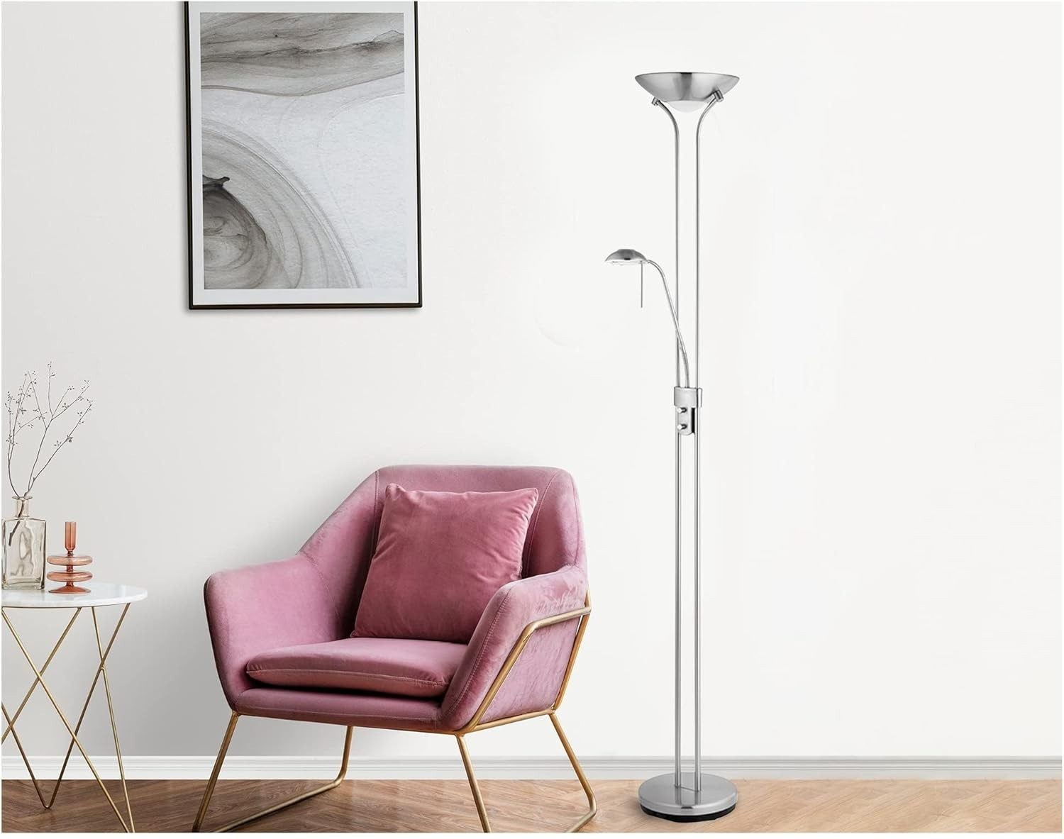 Satin Chrome Floor Lamp with Reading Light – 180cm Tall Dimmable Uplighter