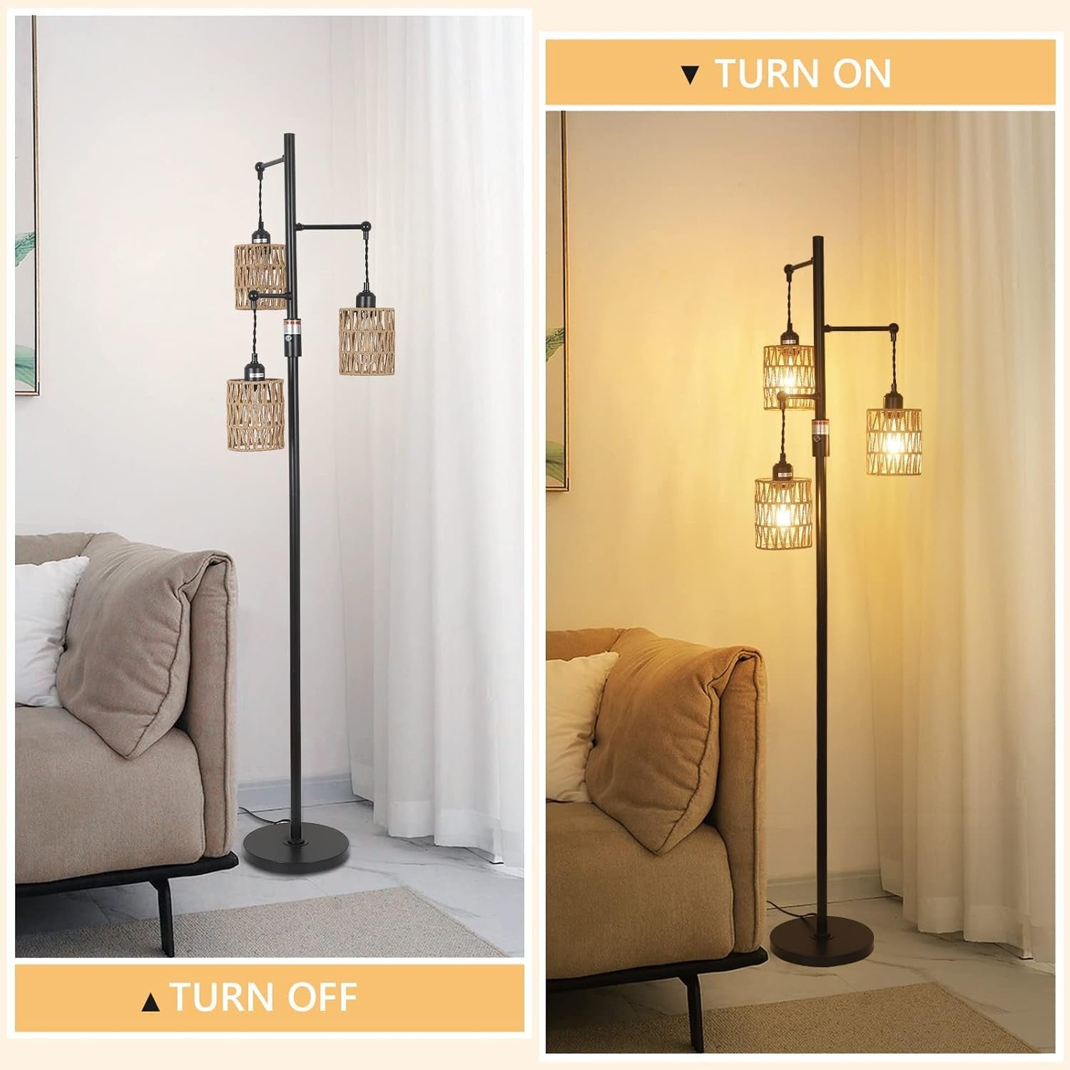 Dimmable Rattan Floor Lamp 3 Light Boho Tall Standing Lamp Stepless Dimmer