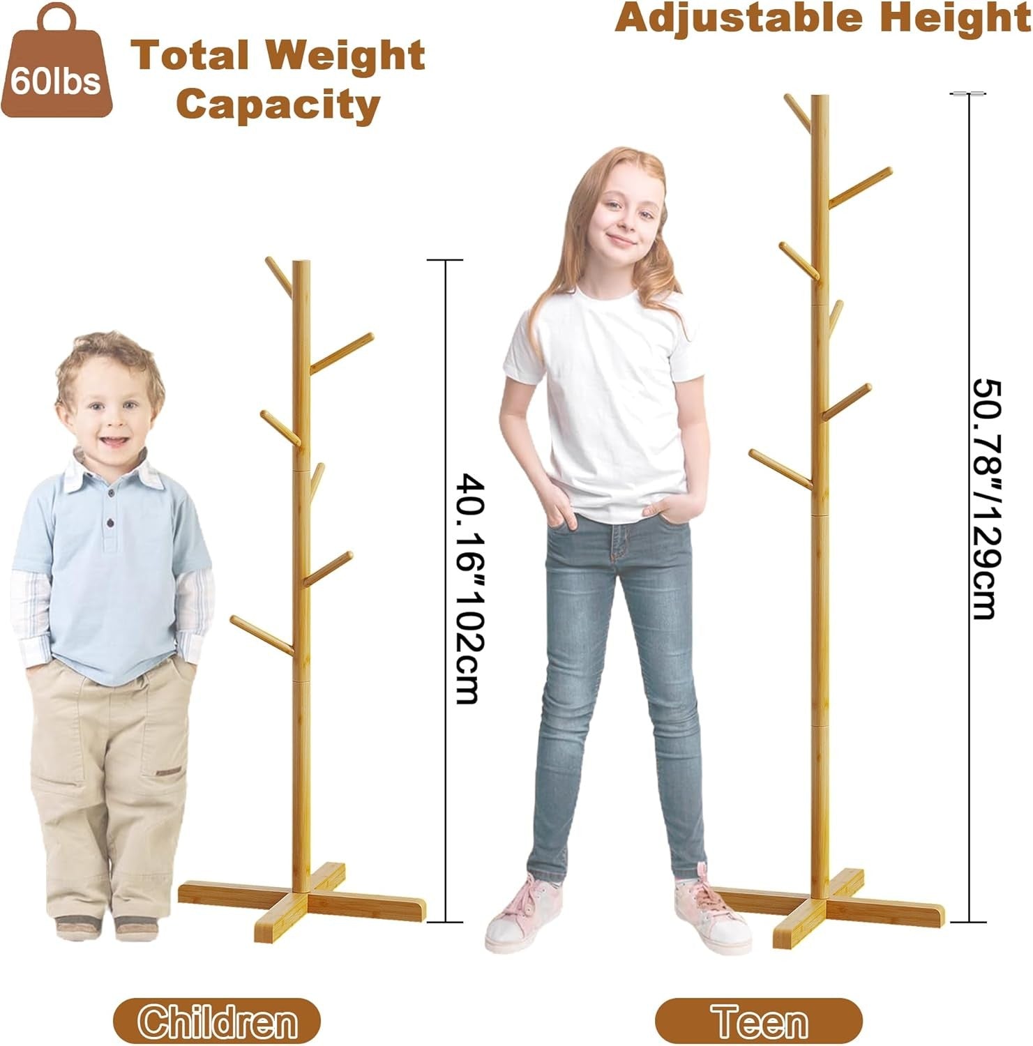 Freestanding Wooden Coat Rack 9 Hooks Adjustable Height 2 Tier Hall Stand
