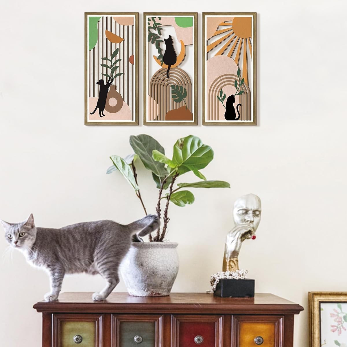 Boho Wooden Cat Wall Art Set 3Pcs Geometric Decor