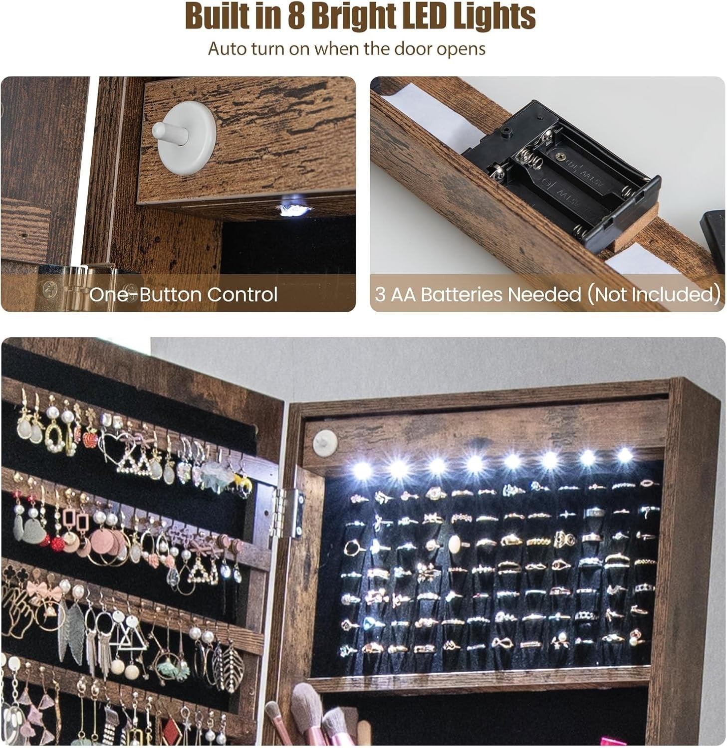 Rustic Brown LED Jewellery Armoire Full Length Mirror Lockable Organizer