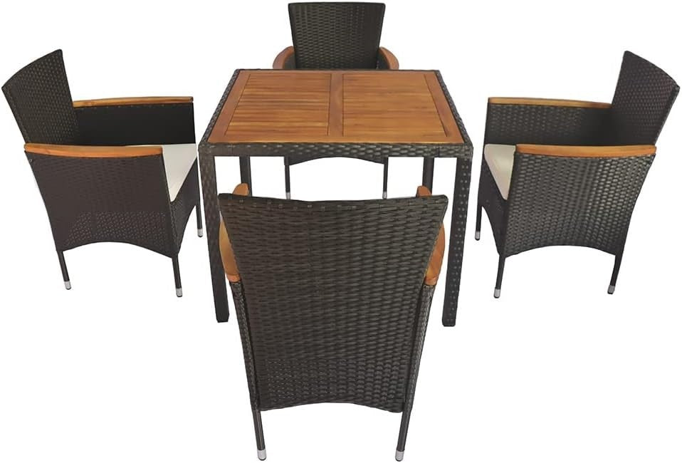5-Piece Outdoor Rattan Patio Dining Set with Wood Table & Stackable Chairs