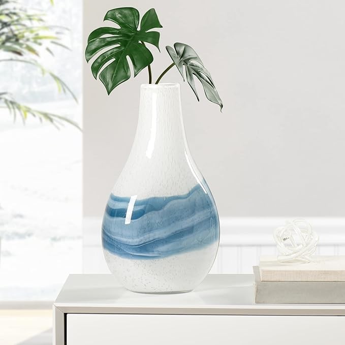 White Blue Hand Blown Glass Vase 36cm Coastal Modern Table Centerpiece