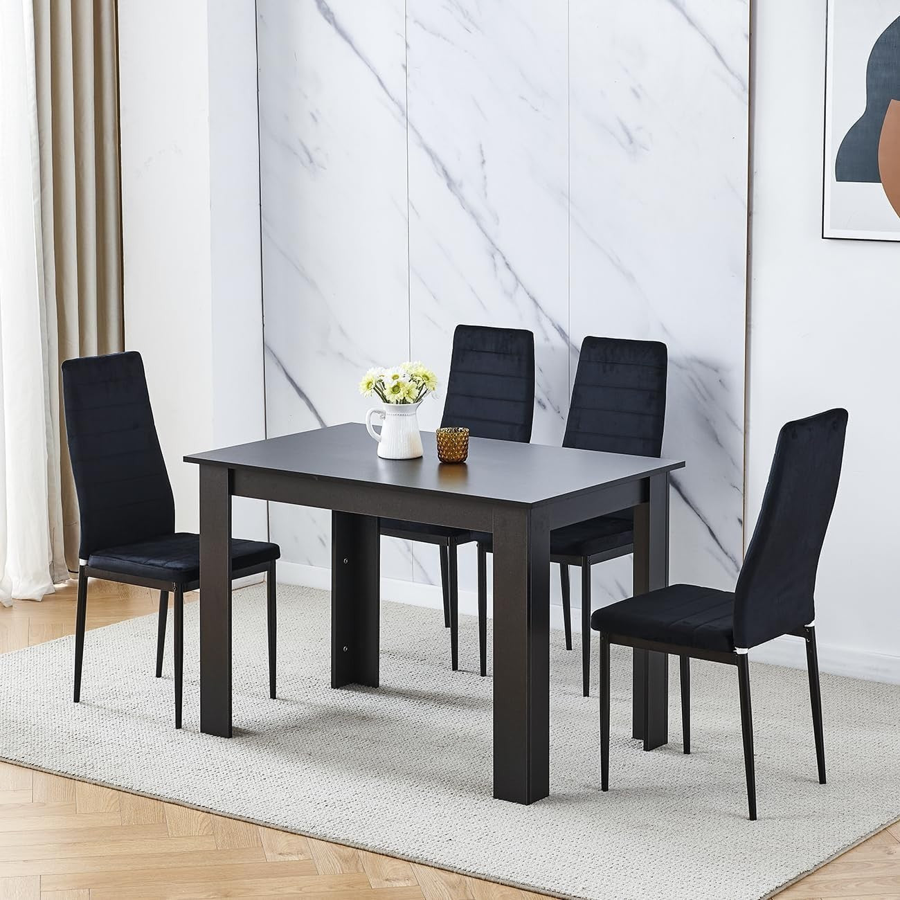 Black Dining Table Set 4 Velvet Chairs Space Saving Kitchen Room