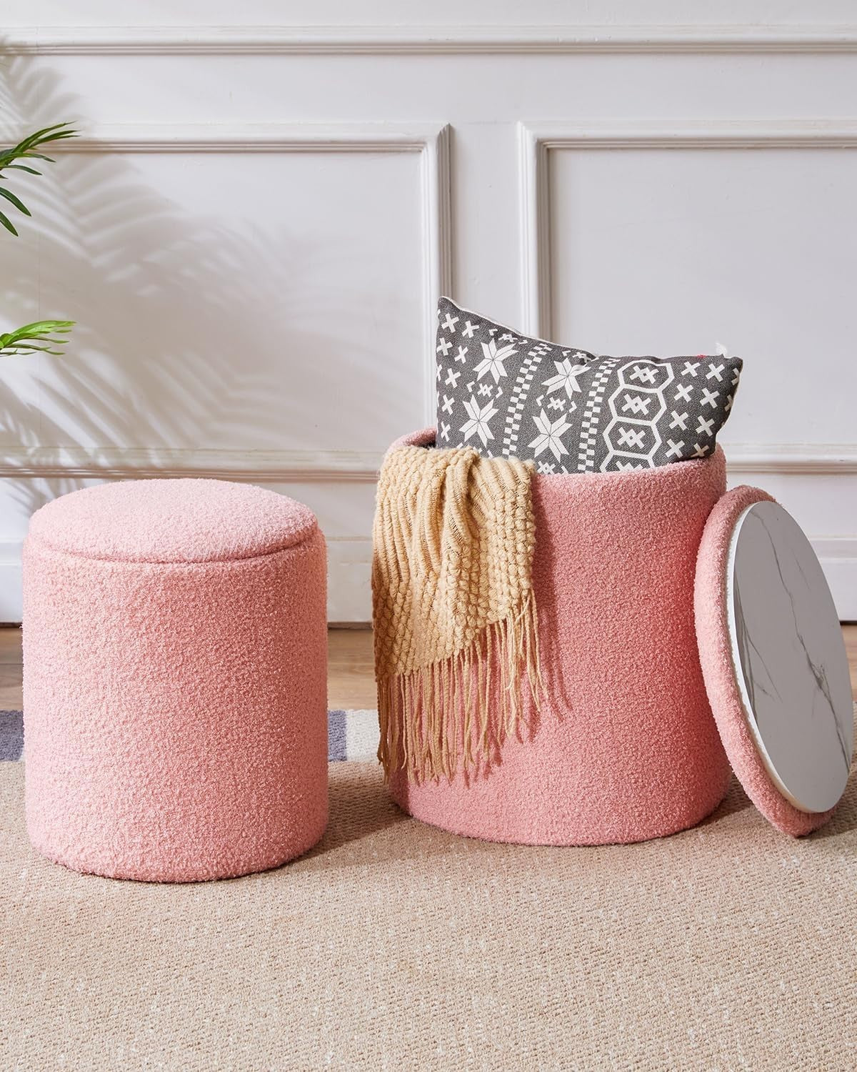 Set of 2 Round Storage Ottomans – Fleece Vanity Stools, Footrest & Side Tables