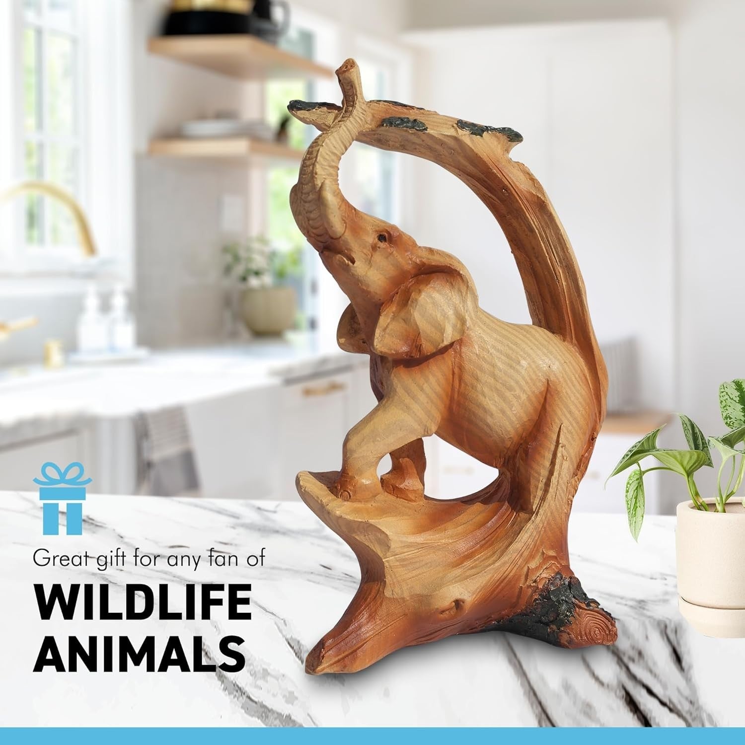 Elephant Ornament 12.7cm Wood-Effect Resin Figurine Under Tree Rustic Home Decor