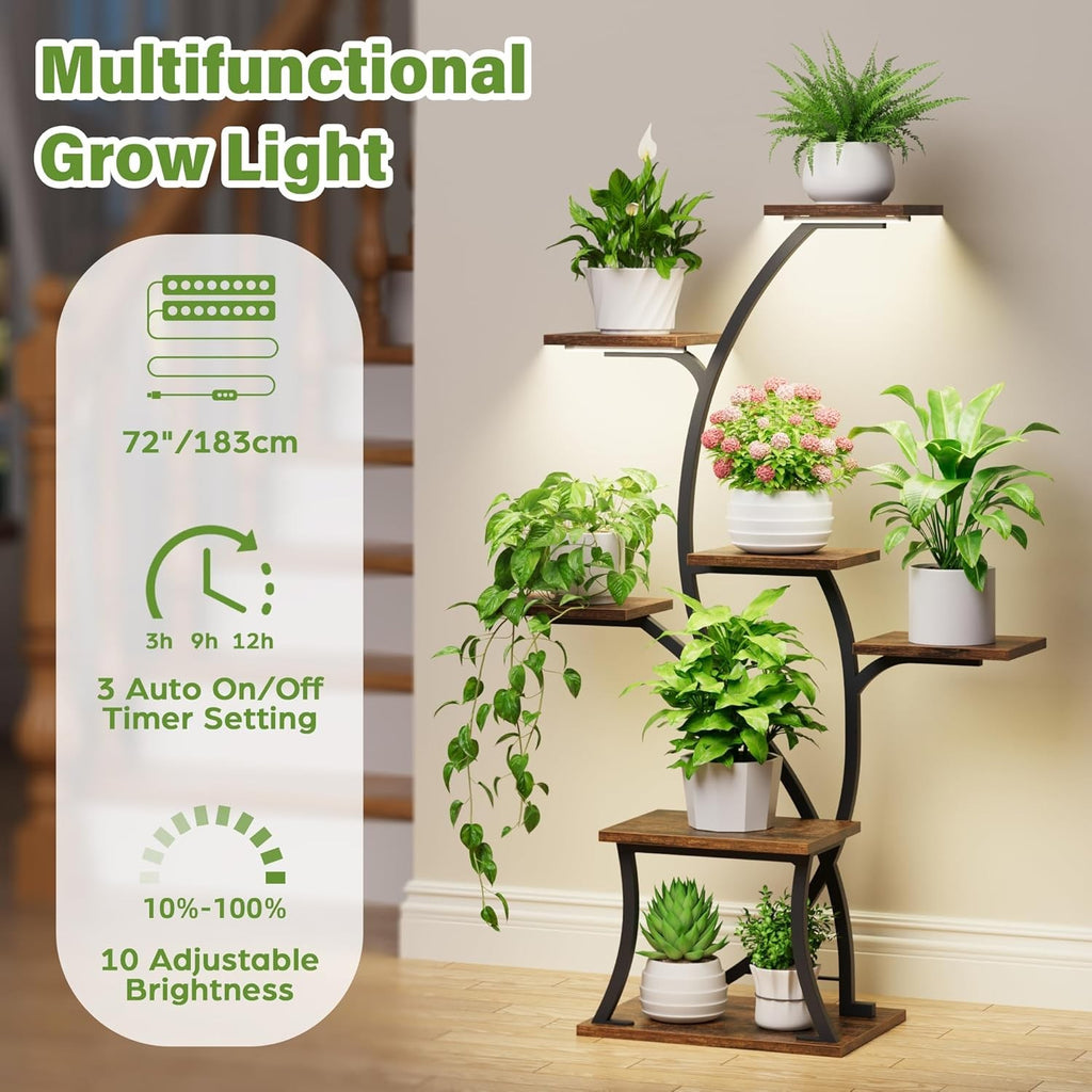 7 Tier Metal Plant Stand with Grow Lights Indoor Corner Tall Flower Shelf Rack